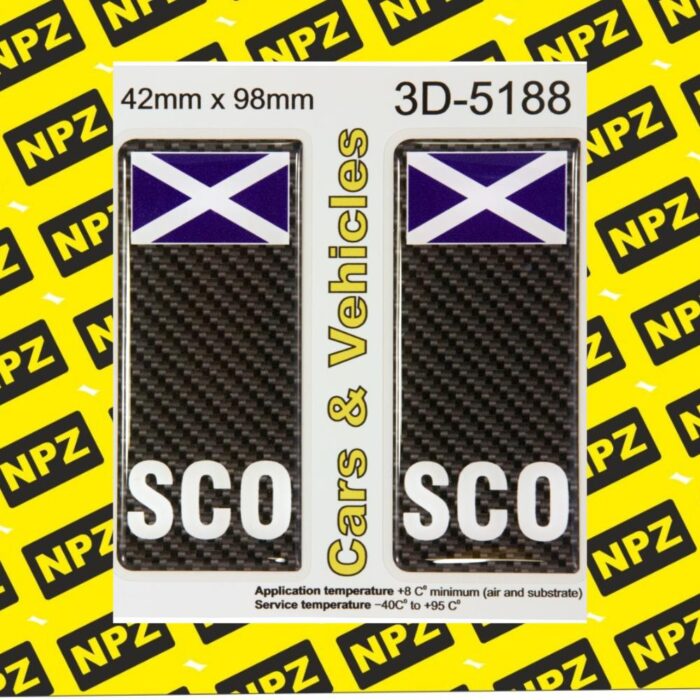 CARBON SCO Scottish Saltire Flag Number Plate Decals Badges Resin Gel Domed